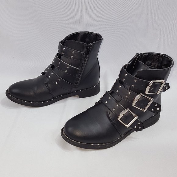 Punk Biker Boots Black Buckles Studs Girls 7 - Picture 3 of 5